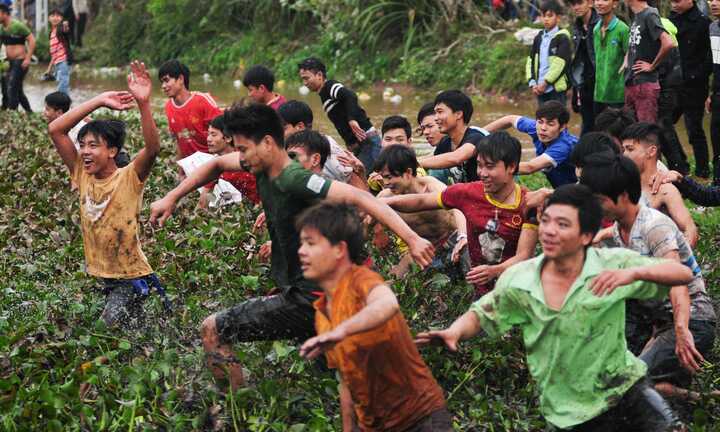 Bất chấp an ninh, hàng ngàn trai làng lội ruộng, bơi ao tranh cướp phết Hiền Quan