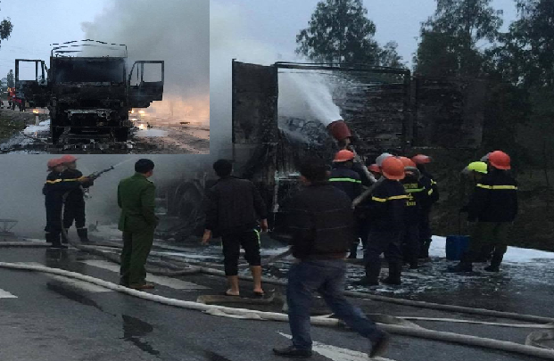 Xe tải chở bàn ghế bốc cháy dữ dội trên quốc lộ 1A