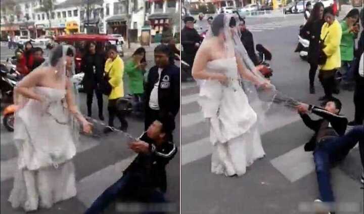 Clip: Không chịu đến đám cưới, chú rể bị cô dâu xích tay, lôi xềnh xệch giữa phố đông