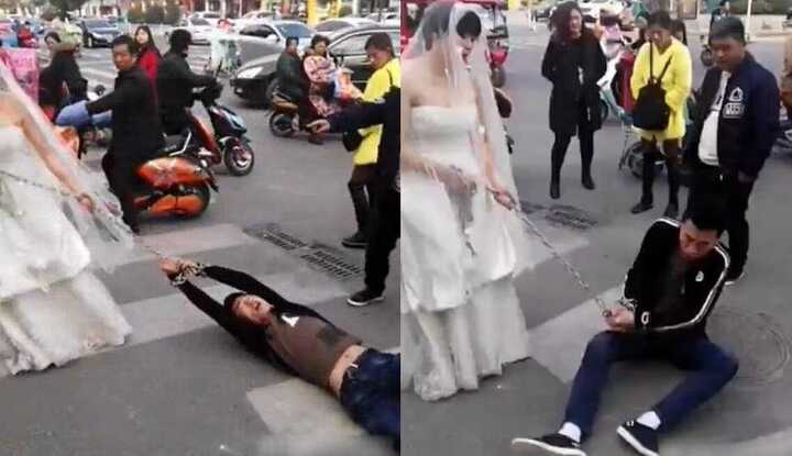 Thực hư chuyện trốn cưới, chú rể bị cô dâu xích tay, lôi xềnh xệch trên phố