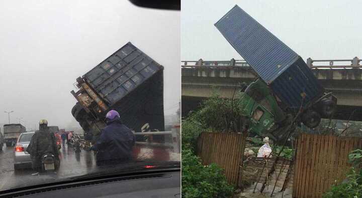 Clip: Tai nạn liên hoàn, container treo lơ lửng trên thành cầu Thanh Trì