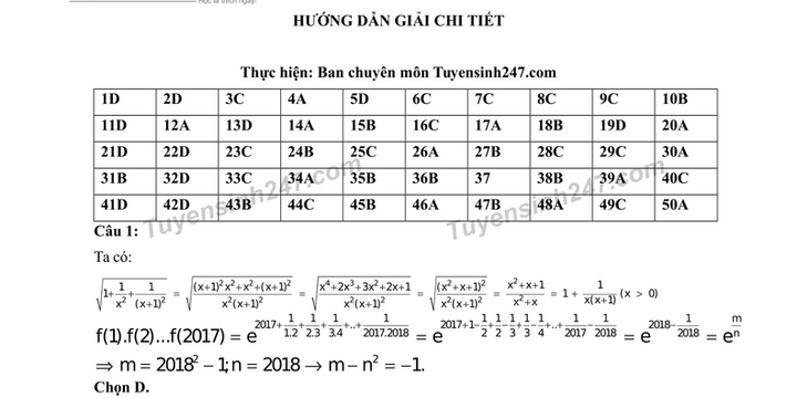 Đáp án chính xác nhất đề thi thử THPT Quốc gia 2017 môn Toán