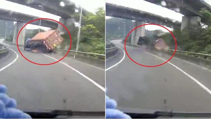 Kinh hãi khoảnh khắc container lật nhào, rơi khỏi cầu vượt khi ôm cua