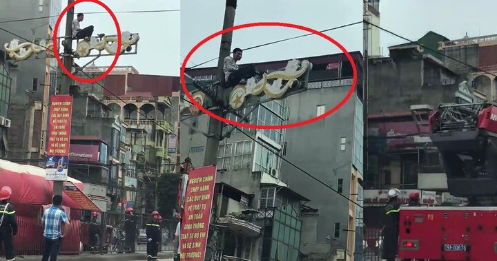 Nghẹt thở giải cứu thanh niên nghi ngáo đá, trèo lên cột đèn đu dây điện