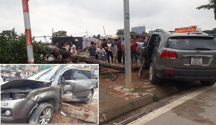 Ô tô mất lái lao sang đường, xoay 180 độ, húc đổ cây xanh trên vỉa hè