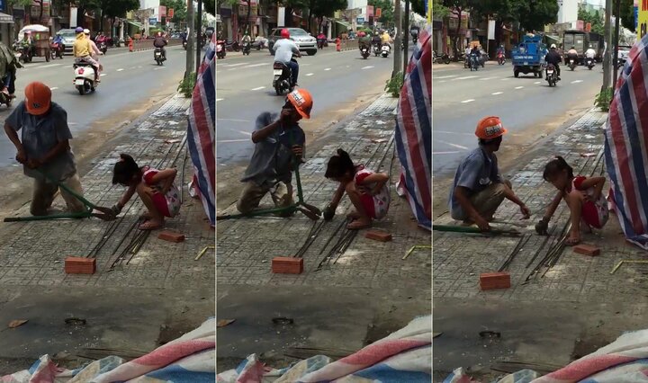 Bé gái cặm cụi theo bố ra công trường ngày hè khiến dân mạng xúc động