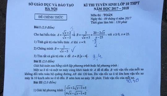 Lời giải môn Toán thi vào lớp 10 năm 2017 tại Hà Nội