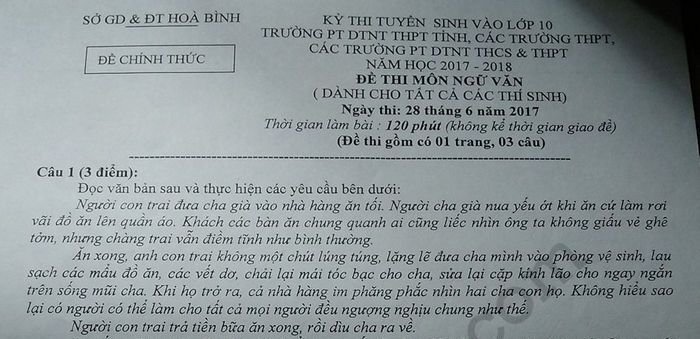Đề thi vào lớp 10 môn Văn tỉnh Hoà Bình năm 2017