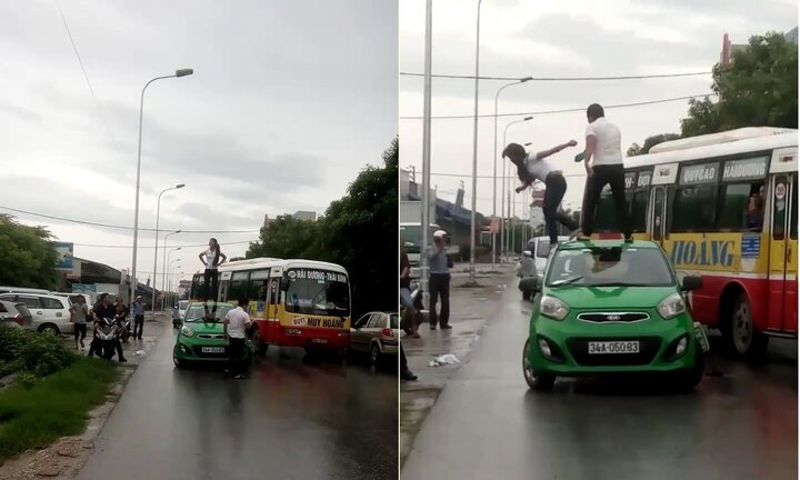 Cô gái trèo lên nóc taxi nhảy múa, bị tài xế đánh ngã lăn xuống đất