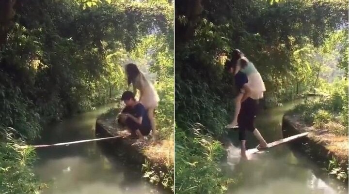 'Soái ca' ga lăng cõng bạn gái qua cầu và cái kết không thể nhịn cười