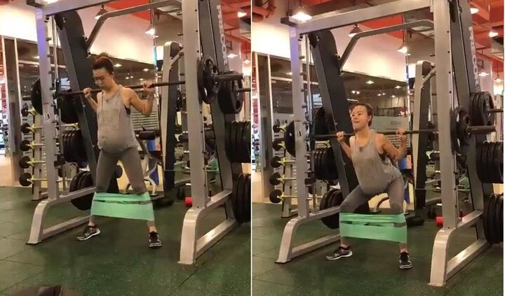 Bà bầu 9 tháng sắp 'vỡ chum' vẫn hăng say tập gym, đẩy tạ