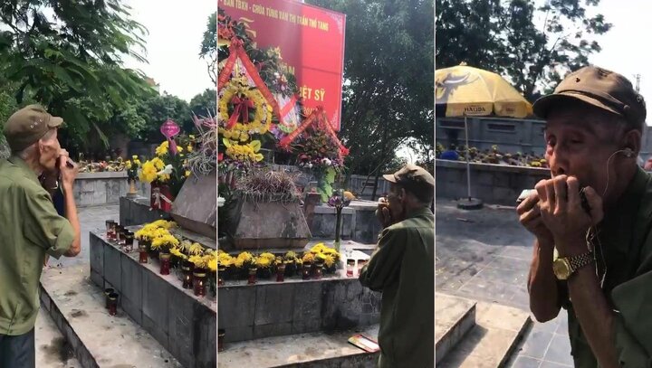 Cảm động hình ảnh người lính già vượt đường xa, tới nghĩa trang thổi kèn tưởng nhớ đồng đội