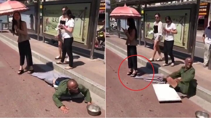 Giả tàn tật ăn xin trên phố, bị gái xinh lật tẩy bẽ bàng