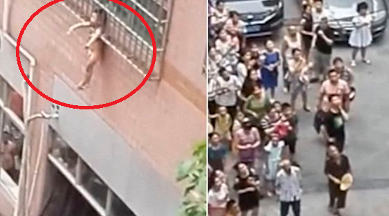 Clip sốc: Bé trai kẹt đầu vào 'chuồng cọp', lơ lửng trên tầng 3 chung cư