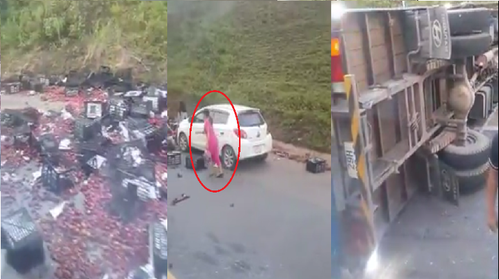 Lật xe tải chở mận trên cao tốc Lào Cai - Hà Nội, mận đổ đỏ một đoạn đường