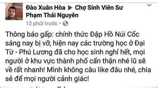 Tung tin đồn vỡ đập hồ Núi Cốc câu like, nam thanh niên bị phạt 12,5 triệu đồng