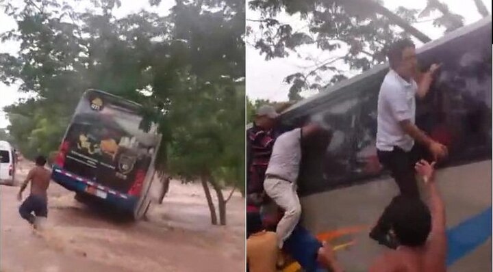 Video: Xe khách mắc kẹt giữa dòng lũ, hành khách trèo qua cửa sổ thoát thân