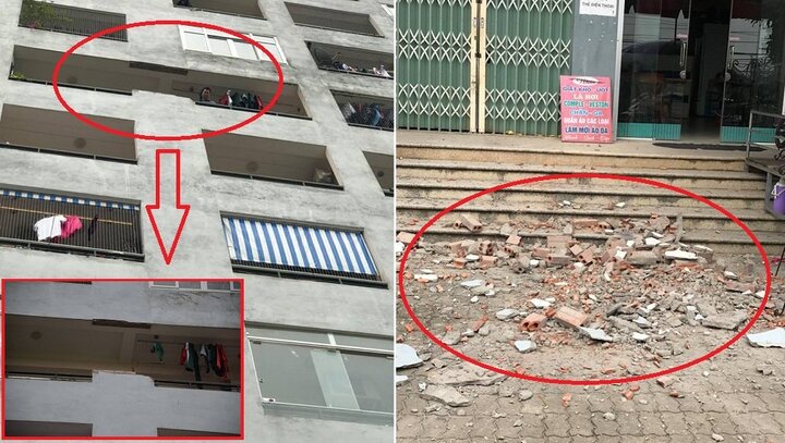 Bức tường của khu chung cư rơi từ tầng 7 xuống đất