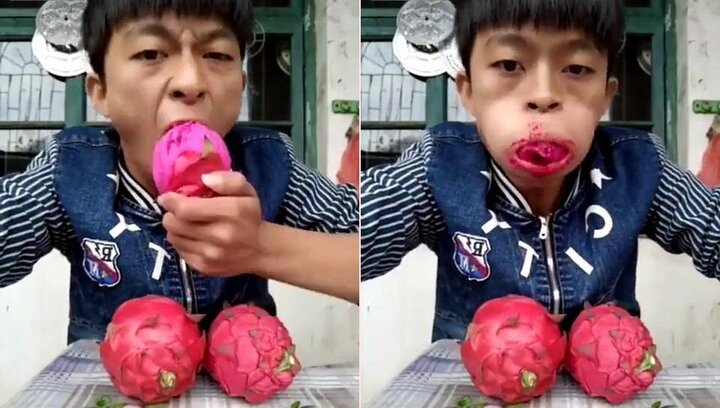 Thanh niên Trung Quốc ăn nguyên quả thanh long trong 15 giây gây sốc