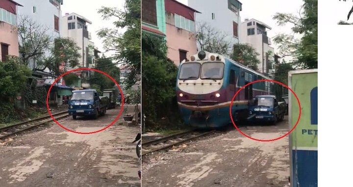 Clip: Đỗ sát đường ray, xe tải bị tàu hỏa đâm tan nát, biến dạng