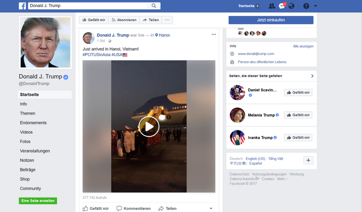 Vừa đến Hà Nội, Facebook của Tổng thống Trump đã phát trực tiếp video
