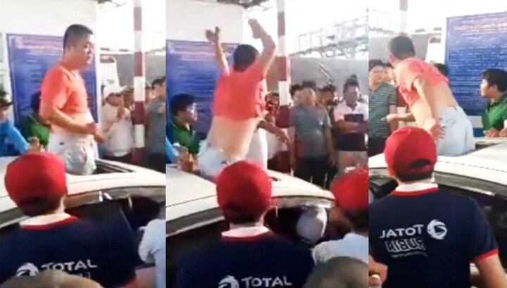 Tài xế đứng lên ô tô nhảy múa hò hét, bấm còi inh ỏi khiến BOT Cai Lậy hỗn loạn