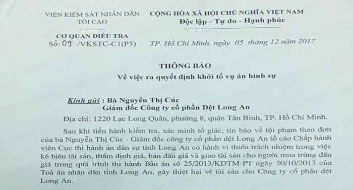Nữ giám đốc tố Cục trưởng Thi hành án dân sự Long An ký quyết định sai quy trình