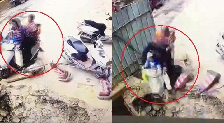 Clip: Kinh hãi xe máy chở 4 người lao xuống hố tử thần sâu 7 mét