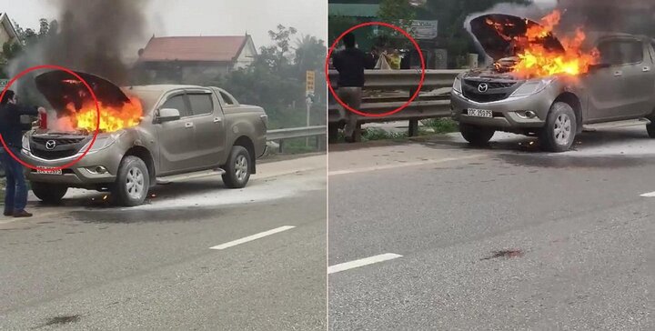 Clip: Ô tô Mazda cháy ngùn ngụt, dân và tài xế hợp sức dập lửa