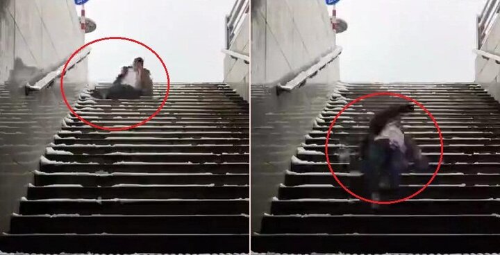 Bi hài clip ngồi châm lửa hút thuốc, người đàn ông ngã cầu thang 'dập mông'