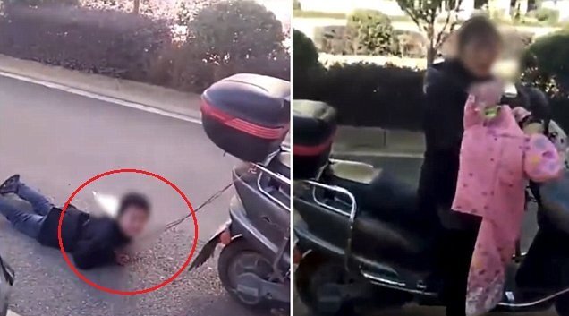 Clip: Mẹ trói tay con trai vào xe máy kéo lê trên đường