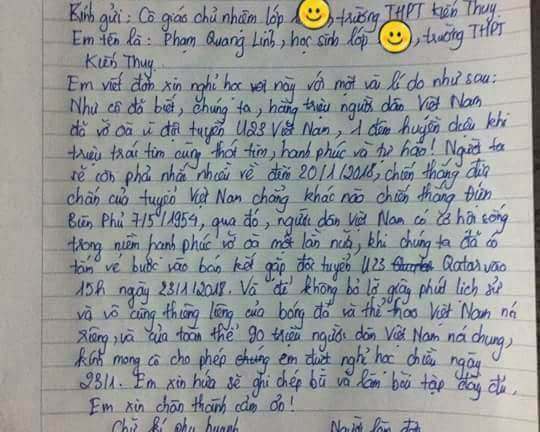Đơn xin nghỉ học hài hước của học sinh Hải Phòng để xem U23 Việt Nam - U23 Qatar
