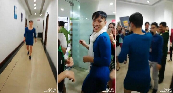 Nói là làm, nam thanh niên mặc váy đi làm sau chiến thắng của U23 VN