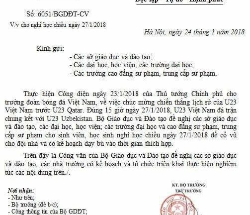 Giả mạo Bộ GD-ĐT cho các trường nghỉ học xem chung kết U23 Việt Nam - U23 Uzbekistan