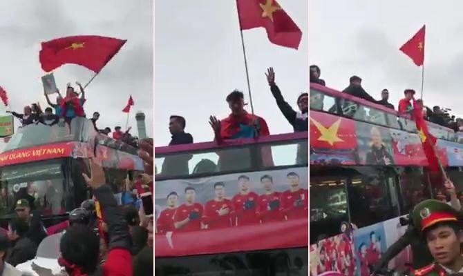 Clip: Xe buýt 2 tầng chở U23 Việt Nam diễu hành giữa biển người