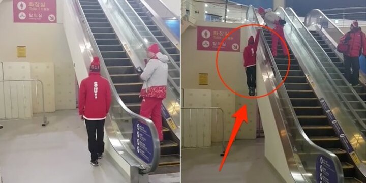Clip: VĐV khoe tuyệt kỹ đi thang cuốn bằng 1 tay ở Thế vận hội mùa đông 2018
