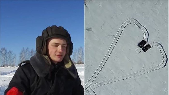 Clip: Binh sĩ Nga vẽ trái tim trên tuyết trắng bằng xe tăng chúc mừng 8/3