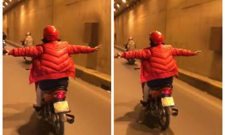 Clip: Phụ nữ lái xe máy buông cả 2 tay ở Hà Nội khiến người đi đường thất kinh