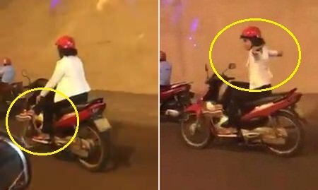 Clip: Thất kinh nữ 'ninja' vắt chân, lái xe máy buông 2 tay trong hầm Kim Liên