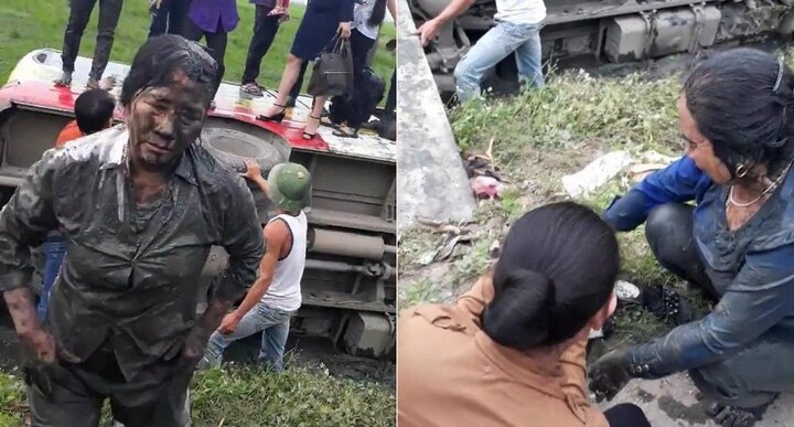 Clip: Xe buýt Thanh Hóa lật xuống ruộng, hàng chục hành khách lấm lem bùn đất
