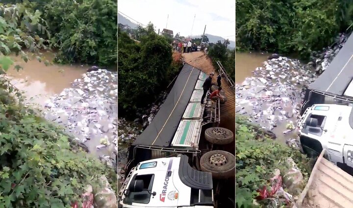 Clip: Kinh hoàng xe tải chở phân bón làm sập cầu ở Lâm Đồng