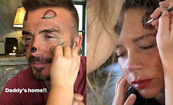 Quyền lực như vợ chồng Beckham cũng phải 'chịu trận' làm mẫu cho Harper vẽ đầy lên mặt