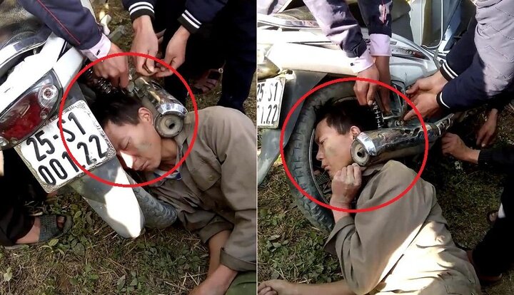 Bi hài clip giải cứu ông chú say rượu kẹt đầu vào pô xe máy