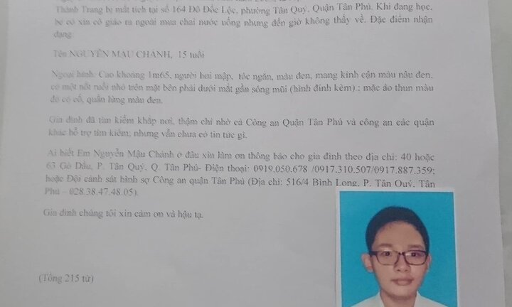 Nam sinh mất tích bí ẩn trước kỳ thi lớp 10 ở TP.HCM