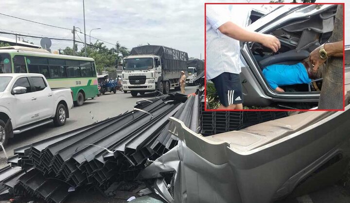 Cabin container bị ủi bay 4m sau cú phanh gấp trên phố, tài xế kêu cứu thảm thiết