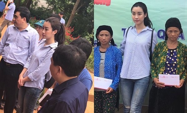 Hoa hậu Đỗ Mỹ Linh giản dị đi cứu trợ đồng bào miền Bắc bị mưa lũ