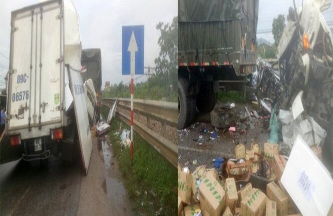 Xe tải tông container đang dừng, 2 người mắc kẹt trong cabin thương vong