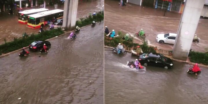 Clip: Đường Hà Nội chìm trong biển nước nhìn từ trên cao