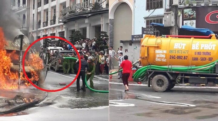 Clip: Ô tô du lịch cháy ngùn ngụt, xe hút bể phốt xung phong cứu hỏa ở Sa Pa