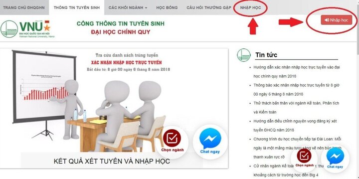 Hướng dẫn xác nhận nhập học trực tuyến vào Đại học Quốc gia Hà Nội 2018
